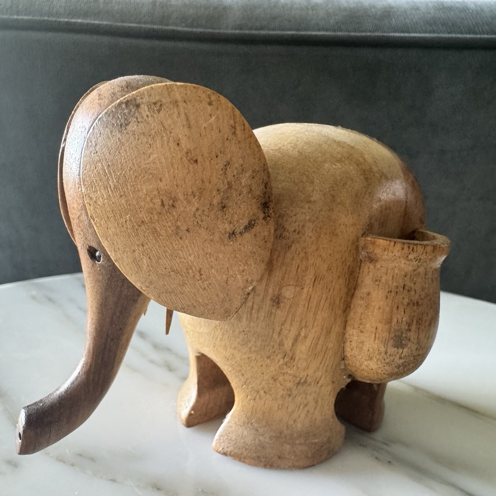 Vintage Papel Large Handcrafted Wooden Elephant Toothpick Holder 3" Tall